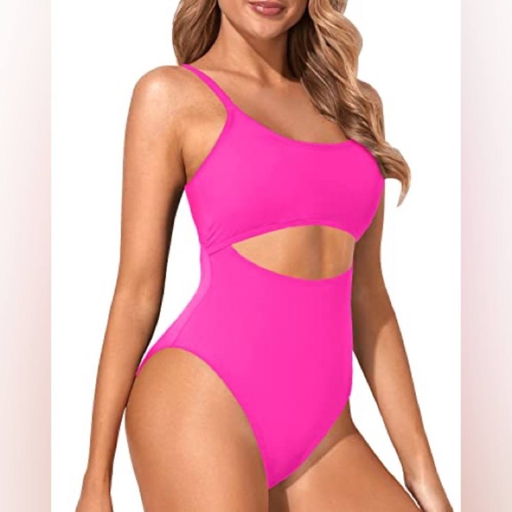 Women's Sexy Lace Up Cutout Strappy One Piece Swimsuit-Neon Pink